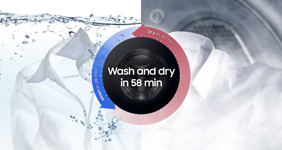 Samsung DV90F Series washer-dryer cycle diagram showing clothes washed and dried in 58 minutes.